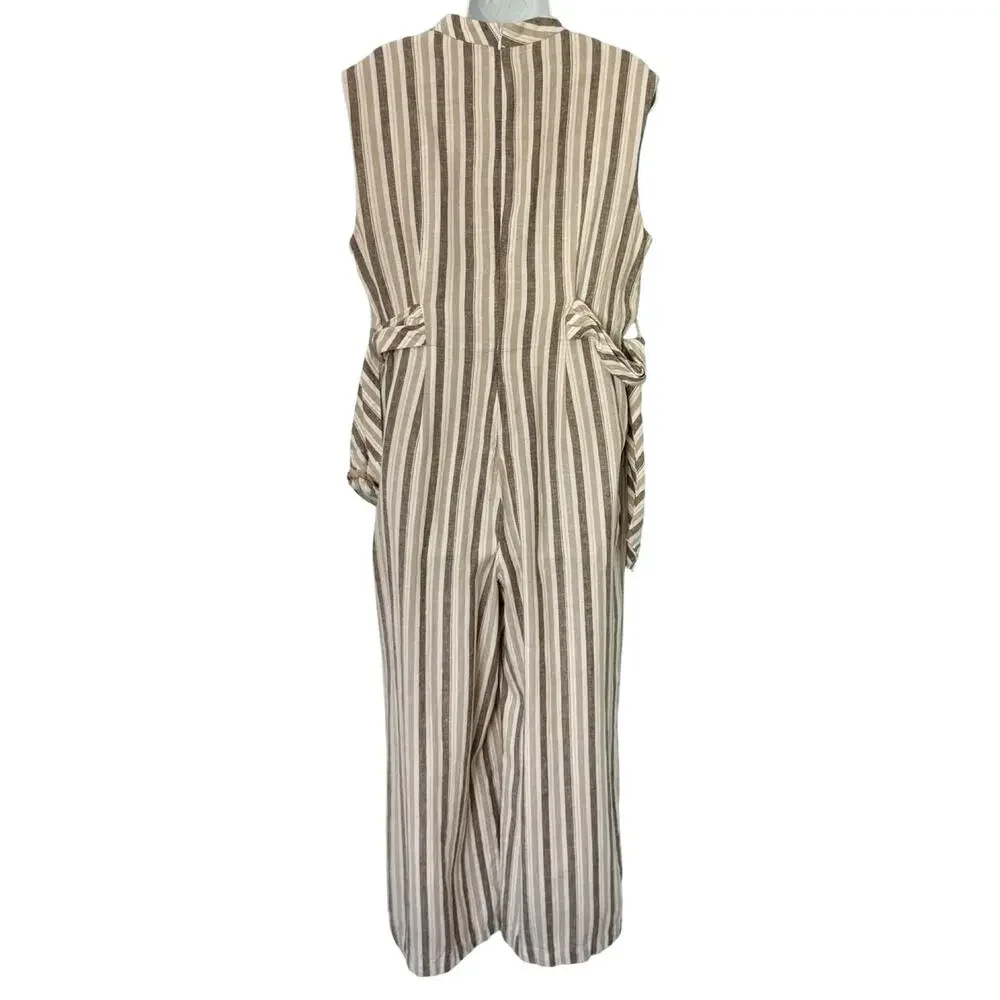Calvin Klein White Beige Mock Neck Pinstripe Linen Blend Cropped Jumpsuit sz 12 - Picture 5 of 16